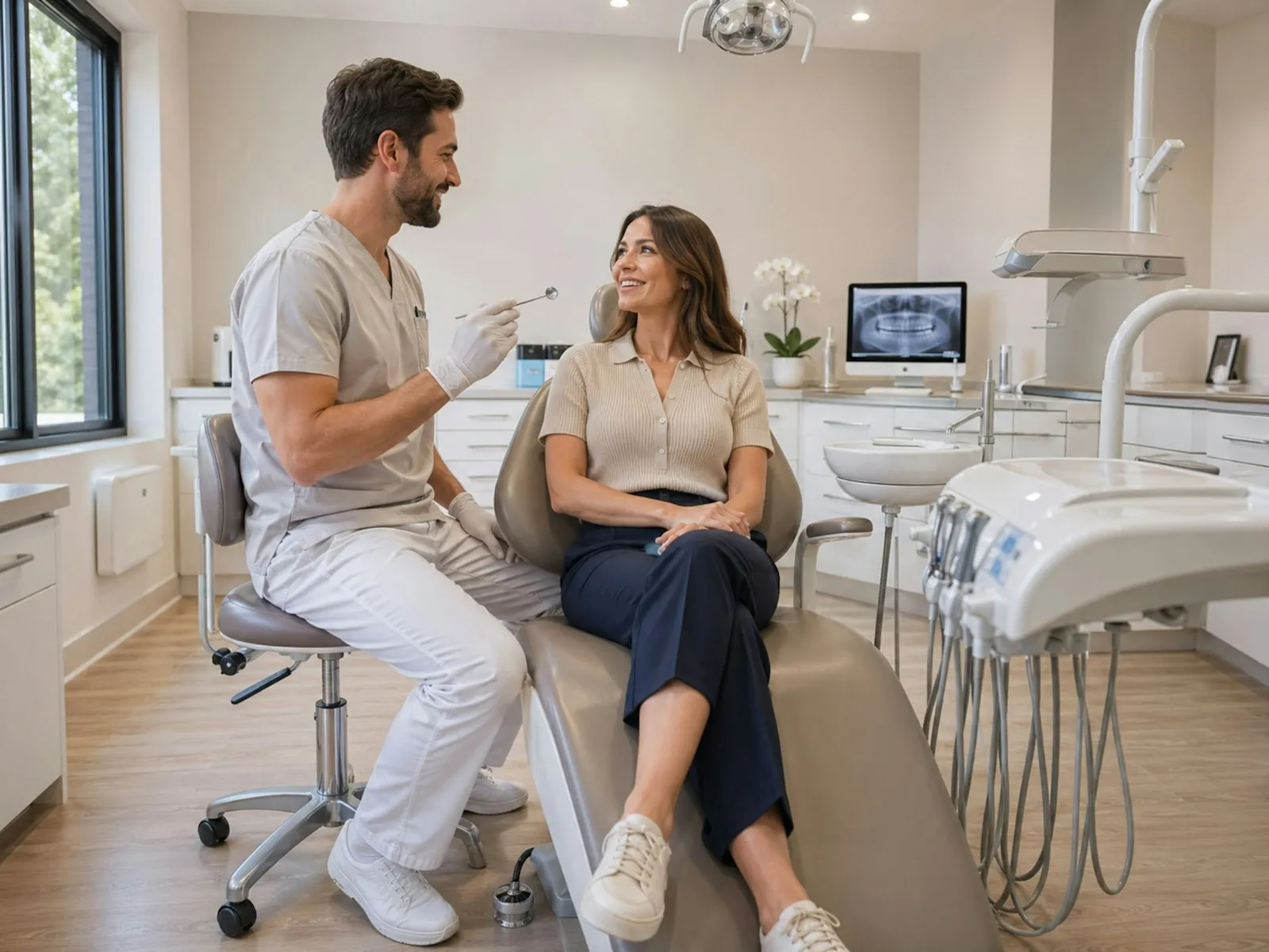 Dentista platicando con su paciente en un consultorio luminoso