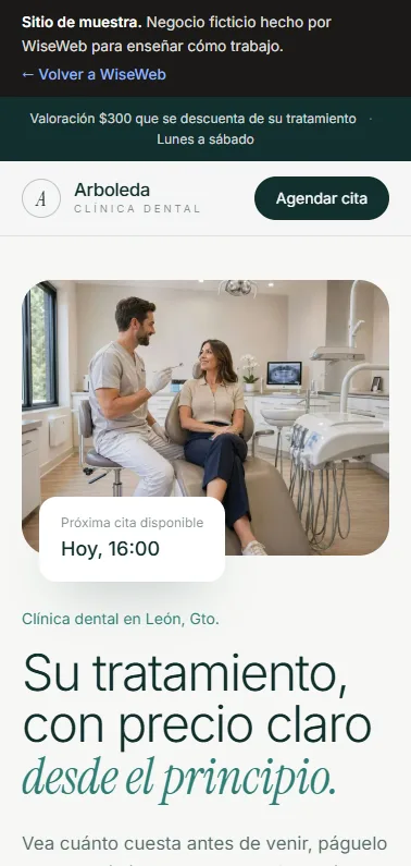 Vista en celular del sitio de muestra de Dental Arboleda